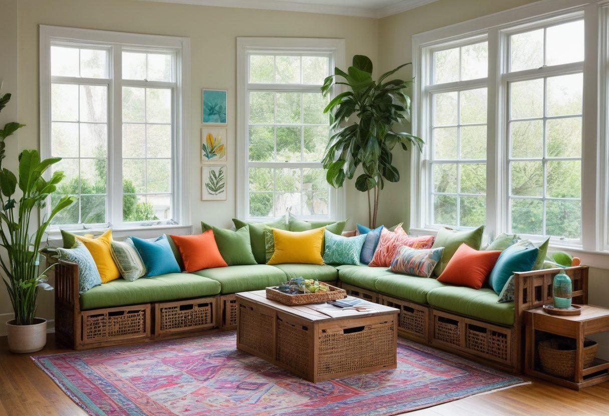 A bright and airy living space showcasing a variety of eco-friendly storage solutions, such as woven baskets and wooden crates, arranged harmoniously. Incorporate plants and natural light filtering through large windows to enhance the positive vibe. Add touches of color with cushions and artwork, creating a cozy atmosphere. super-realistic. vibrant colors. bright and minimalistic.