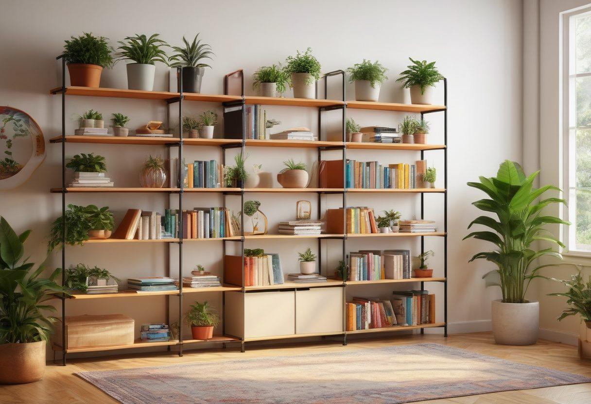 A cozy and inviting room featuring a stylish modular rack filled with vibrant books and cheerful plants, alongside versatile shelving displaying colorful decorative items. The scene should evoke a sense of happiness and creativity, with soft natural light illuminating the space. Include warm color tones and a sprinkle of artistic flair. super-realistic. vibrant colors. soft lighting.