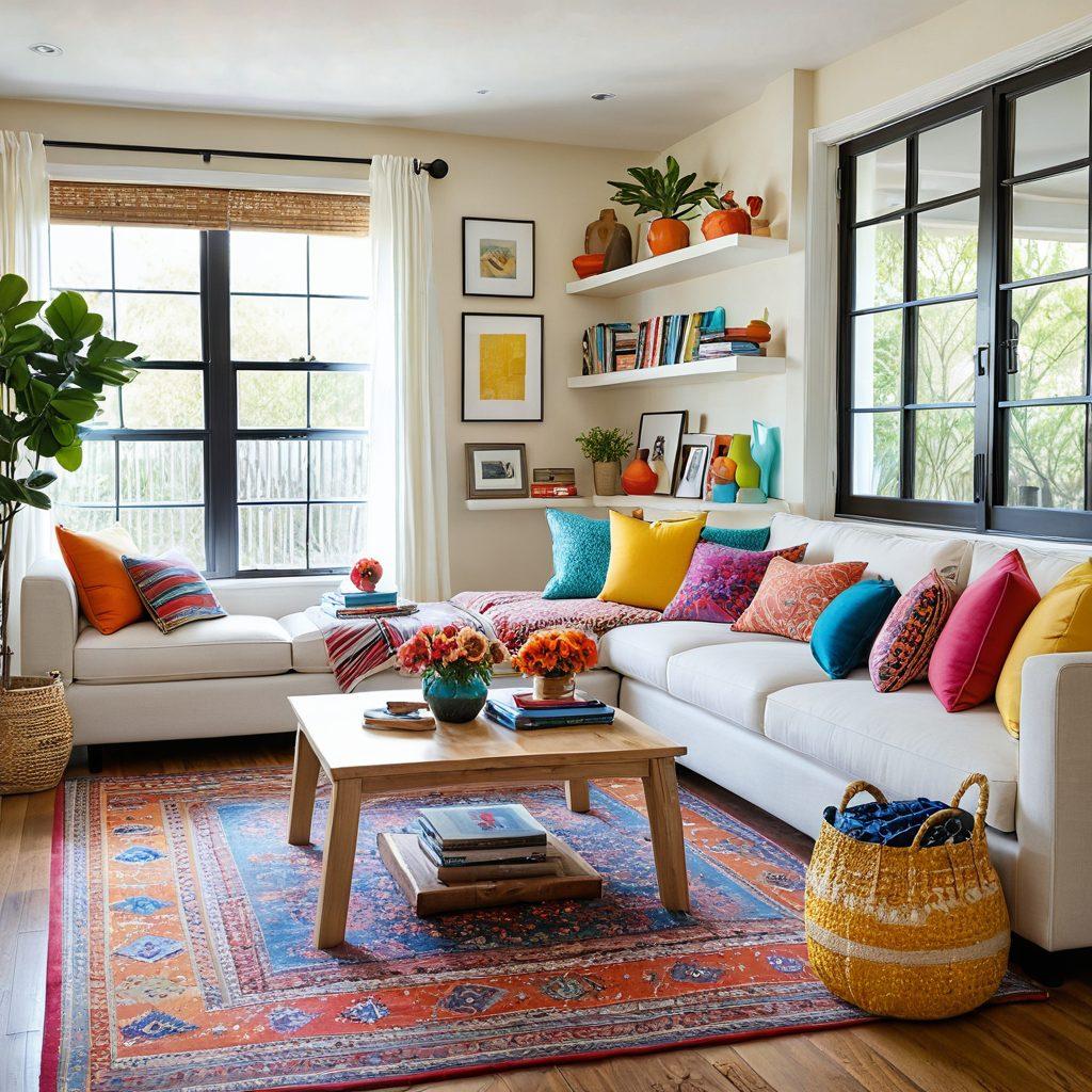 A beautifully organized living room featuring creative storage solutions like colorful baskets, stylish shelves, and a playful rug. Bright flowers in a vase add a touch of joy, while sunlight streams through large windows, illuminating the space. Include cozy seating and artistic wall decor to enhance the inviting atmosphere. vibrant colors. modern style. natural lighting.